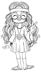 Cartoon hippie girl with peace sign and sunglasses.