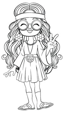 Cartoon hippie girl with peace sign and sunglasses.