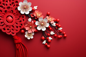 Design concept of Chinese lunar new year - Beautiful Chinese knot with plum blossom isolated on red background, flat lay, top view, overhead layout
