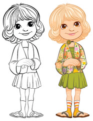 Vector illustration of a girl, colored and line art.