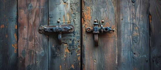 A close-up of a home door made of wood, featuring metal handles as fixtures. The building material used is a composite of wood and metal.
