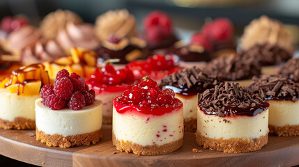 A tempting platter of assorted mini cheesecakes, each one topped with a variety of fruity compotes and chocolate shavings. - obrazy, fototapety, plakaty