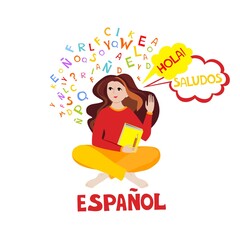 Espanol. Translation "Spanish". Spanish tutor. Online education, courses. Native speaker. Spanish language. Salut. Hello. Dictionnaire. Dictionary. Spanish school. Student. Girl studying online. 