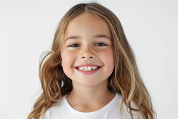 Joyful young girl smiling with missing front teeth. Childhood innocence. - obrazy, fototapety, plakaty