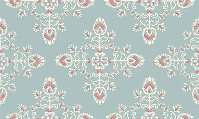Fototapeta na wymiar Damask Ikat floral seamless pattern.dandelion flower embroidery. design for fashion women, texture, fabric, clothing, wrapping paper, curtains, and decoration. vintage wallpaper