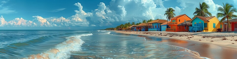 colorful beach houses by the sea on the ocean caribbean - obrazy, fototapety, plakaty