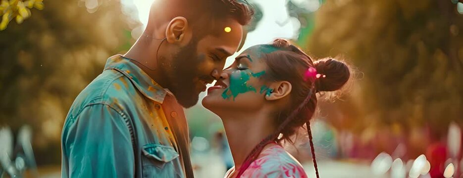 Cheerful young Indian couple in love playing with colorful powder color or gulal celebrating holi festival at park and kissing outdoor 4K Video