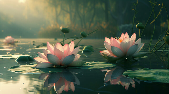 A tranquil scene of lotus flowers floating on the surface of a pond, their delicate petals opening to the morning sun.