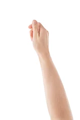 Gordijnen Adult man hand hold something with fingers isolated on white background © GCapture
