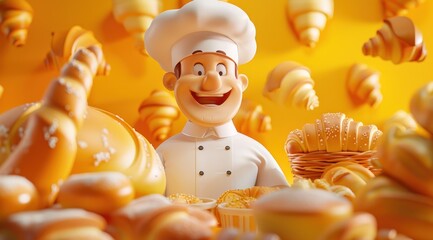 Personnage cartoon d'un boulanger souriant, dans sa boulangerie. - obrazy, fototapety, plakaty
