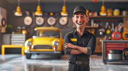 Obraz premium Personnage cartoon d'un garagiste automobile souriant, dans son atelier de réparation.