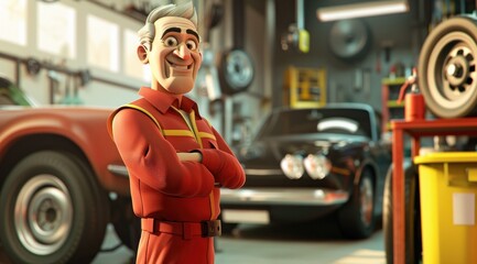 Personnage cartoon d'un garagiste automobile souriant, dans son atelier de réparation. - obrazy, fototapety, plakaty