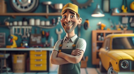 Personnage cartoon d'un garagiste automobile souriant, dans son atelier de réparation. - obrazy, fototapety, plakaty