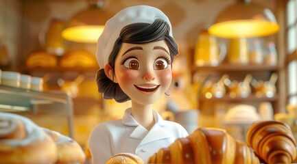 Personnage cartoon d'une femme chef boulanger souriante, dans sa boulangerie. - obrazy, fototapety, plakaty