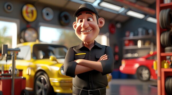 Personnage cartoon d'un garagiste automobile souriant, dans son atelier de réparation.