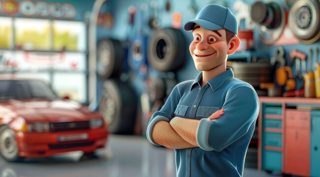 Personnage cartoon d'un garagiste automobile souriant, dans son atelier de réparation.