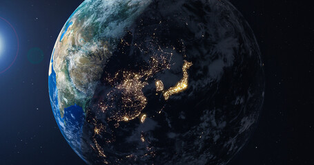 Nightfall in eastern Asia, Bright lights of the night cities of Japan, China and Korea on a satellite map. Earth globe view from space. Contains NASA images. - obrazy, fototapety, plakaty