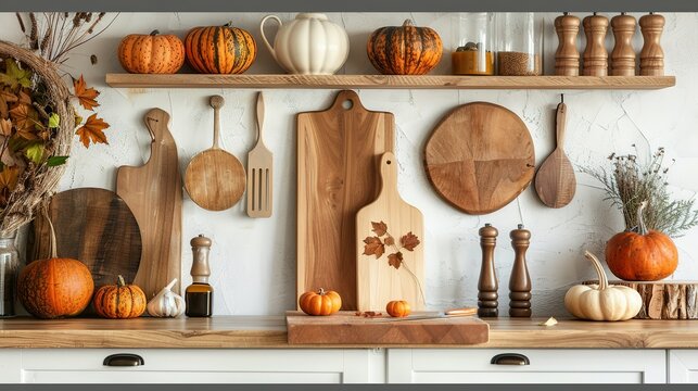 Wooden cutting boards, other cooking utensils and pumpkins on white countertop in kitchen