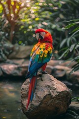 A vibrant parrot perched on a rock in a lush, tropical jungle.