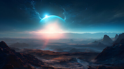  an image of an alien planet with a blue light in it