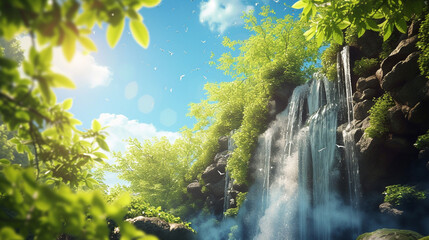 Fototapeta na wymiar A vibrant image capturing the essence of World Environment Day, with lush green foliage, clear blue skies, and a sparkling waterfall cascading down a rocky cliff.