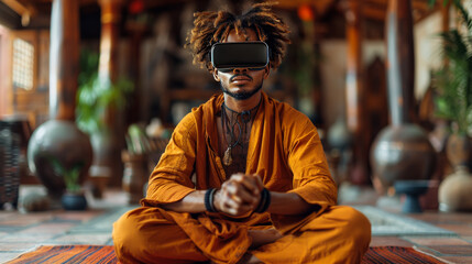 A Virtual Reality Meditation Mockup with a Man Relaxing on a Yoga Mat in a Mountain View