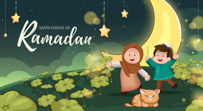 Marhaban Ya Ramadan Means Welcome to Ramadhan Month. Ramadhan Kareem Poster Template with Moslem Boy and Girl Happily Welcoming Ramadhan Event