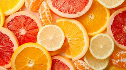 Foto op Canvas A visually stunning composition of sliced citrus fruits a?" oranges, grapefruits, and tangerines a?" capturing the zesty and invigorating flavors of a vibrant citrus medley. © alishba Lishay