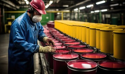A worker in a factory with red paint. Generative AI.