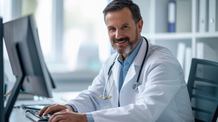 smiling, middle-aged male doctor working on a computer