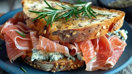 Sandwich with prosciutto, blue cheese and rosemary