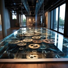 A glass floor with gears in it. Generative AI.