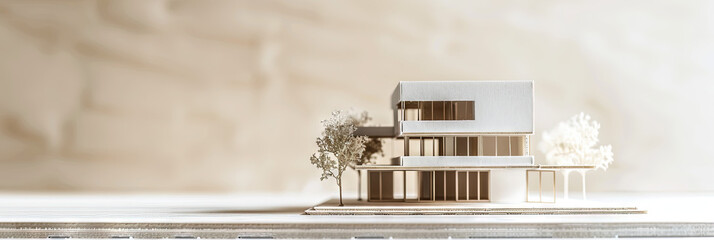 Architectural design concept with a model home and blueprints