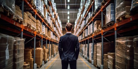 A man in a suit is standing in a warehouse. Generative AI. - Powered by Adobe