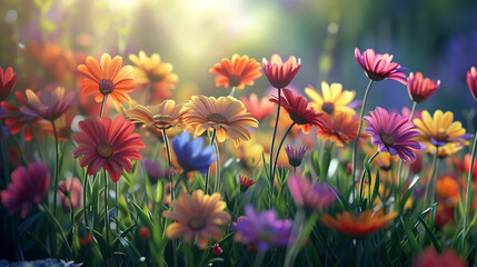 A whimsical garden filled with blooming daisies of all colors, their cheerful faces turned towards the sun. - obrazy, fototapety, plakaty