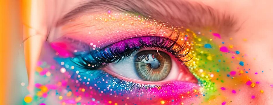 Closeup macro female eye with colorful holi make up. Beautiful fashion with creative art makeup 4K Video