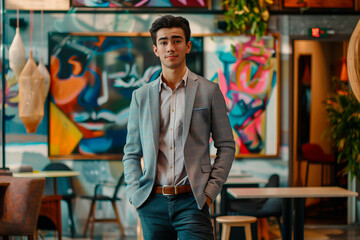 Fototapeta premium Stylish Professional in Modern Art Gallery. Young man in a chic blazer at an art exhibit.