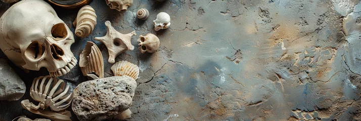 Foto op Canvas Archeology concept with dirt, rock, and archaeological discoveries of fossils, human remains, and tools from past historic times © Brian