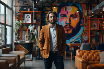 Obraz premium Sophisticated Entrepreneur in Creative Workspace. Confident man in a mustard blazer in a vibrant co-working space.