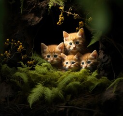Naklejka premium A group of kittens are sitting in a cave. Generative AI.