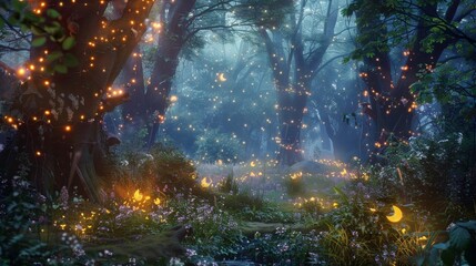 Twilight descends on an enchanted forest aglow with magical lights, fireflies, and mystical flora.