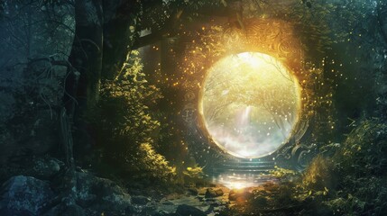 A captivating portal opens in the heart of an enchanted forest, with light and magic spilling into a serene clearing.