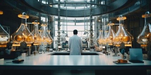 A man in a lab coat stands in front of a large glass table. Generative AI.