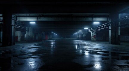 An empty, dark, empty parking garage with lights on. Generative AI.