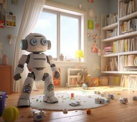 A robot standing in a room with toys scattered around. Generative AI. - Powered by Adobe