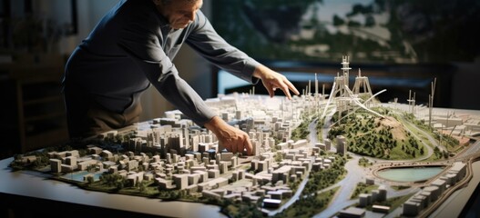 A man is looking at a model of a city. Generative AI.