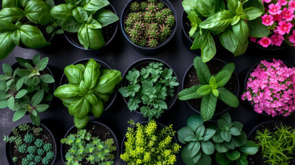variety of potted plants with different types of foliage and flowers, arranged closely together, creating a lush display of greenery and color.