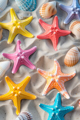 Colorful starfish is scattered across the sandy beach, in the style of minimalist backgrounds. Summer concept