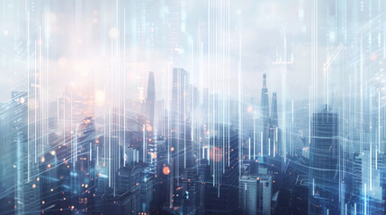 cityscape with modern skyscrapers and overlaid financial graphs, symbolizing the bustling economy and the stock market.
