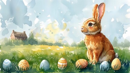 Easter card background, watercolor Easter illustration, rabbit and Easter eggs in a meadow